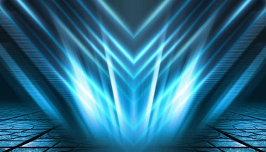 Boş arka plan sahnesi. Islä±k asfaltta koyu sokak yanrÄ±sÄ±. Karanlıkta mavi neon ışık ışınları, neon figürler, duman. Caddenin, şehrin gece manzarası. Soyut koyu arka plan.