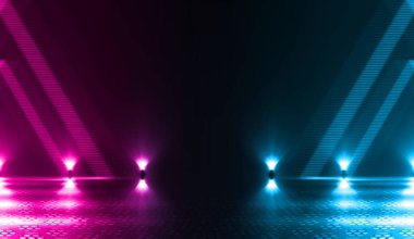 Boş arka plan sahnesi. Islı asfalt üzerinde caddenin karanlık yansıması. Karanlıkta neon ışık ışınları, neon figürler, duman. Caddenin, şehrin gece manzarası. Soyut koyu arka plan.