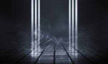 Boş arka plan sahnesi. Islak kaldırım üzerinde karanlık sokak yansıması. Karanlıkta ışıklar Neon ışık, Neon rakamlar, duman. Caddenin gece manzarası, şehir. Soyut karanlık arka plan.