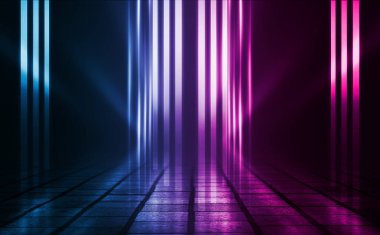Boş arka plan sahnesi. Karanlık sokak, gece ışıklarının yansıması. Karanlıkta neon ışık ışınları, neon figürler, duman. Caddenin, şehrin gece manzarası. Soyut koyu arka plan.