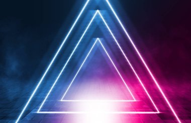 Boş arka plan sahnesi. Koyu sokak, ıslak kaldırımüzerinde mavi ve pembe neon ışık yansıması. Neon şekilleri. Karanlıkta ışık ışınları, duman. Soyut koyu arka plan.