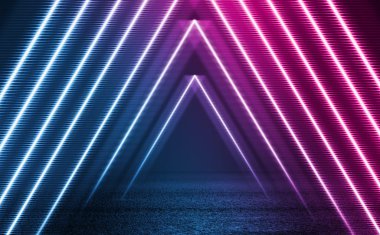 Boş arka plan sahnesi. Koyu sokak, ıslak kaldırımüzerinde mavi ve pembe neon ışık yansıması. Neon şekilleri. Karanlıkta ışık ışınları, duman. Soyut koyu arka plan.