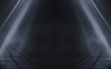 Boş arka plan sahnesi. Islak kaldırım üzerinde karanlık sokak yansıması. Karanlıkta ışıklar Neon ışık, Neon rakamlar, duman. Caddenin gece manzarası, şehir. Soyut karanlık arka plan.