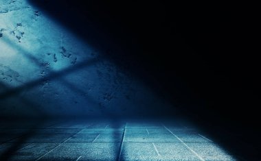 Boş sahne arka planı. Boş bir tuğla duvardaki pencereden olay ışığı. Koyu soyut arka plan