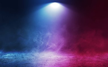 Boş arka plan sahnesi. Islı asfalt üzerinde caddenin karanlık yansıması. Karanlıkta neon ışık ışınları, duman bulutları, sis. Sokağın gece manzarası. Soyut koyu arka plan.