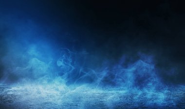 Boş arka plan sahnesi. Islä±k asfaltta koyu sokak yanrÄ±sÄ±. Karanlıkta mavi neon ışık ışınları, duman bulutları, sis. Sokağın gece manzarası. Soyut koyu arka plan.