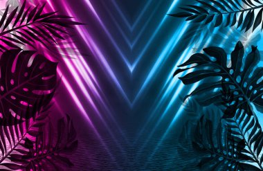 Neon ışıklar ve şekiller, duman ile boş karanlık sahnelerin arka plan. Ön planda tropikal yaprakların siluetleri