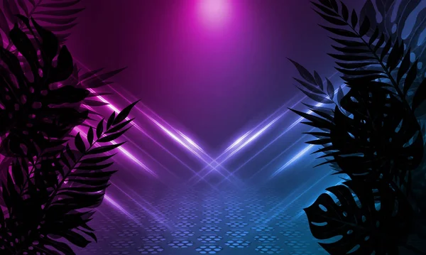 Background of empty dark scenes with neon lights and shapes, smoke. Silhouettes of tropical leaves in the foreground — Stock Photo, Image