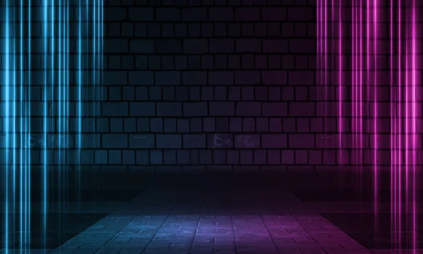 Άδειο φόντο σκηνής. Τοίχος από τούβλα με πολύχρωμα φώτα νέον και καπνό. Σχήματα νέον σε σκοτεινό φόντο. Σκούρο αφηρημένο φόντο — Φωτογραφία Αρχείου