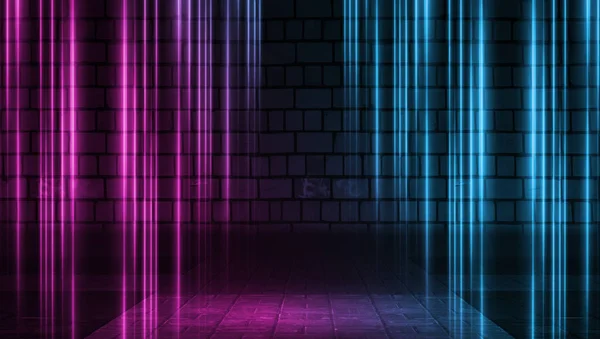 Fond de scène vide. Mur en brique avec néons multicolores et fumée. Formes néon sur un fond sombre. Fond abstrait sombre — Photo
