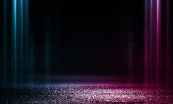 Puste tło sceny. Ceglana ściana z wielokolorowymi lampami neonowych i dymem. Neonowe kształty na ciemnym tle. Ciemne tło abstrakcyjne — Zdjęcie stockowe