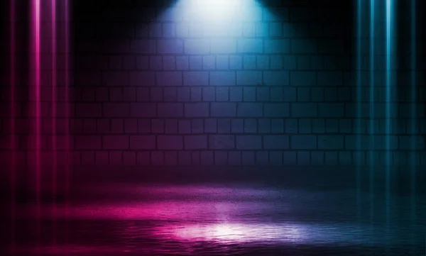 Latar belakang pemandangan kosong. Brick dinding dengan warna-warni lampu neon dan asap. Neon bentuk pada latar belakang gelap. Latar belakang abstrak gelap — Stok Foto