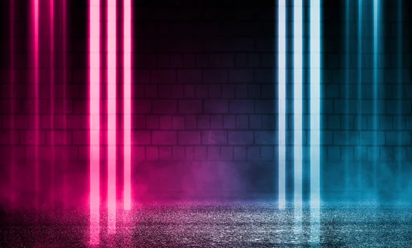 Empty scene background. Brick wall with multicolored neon lights and smoke. Neon shapes on a dark background. Dark abstract background — Stock Photo, Image