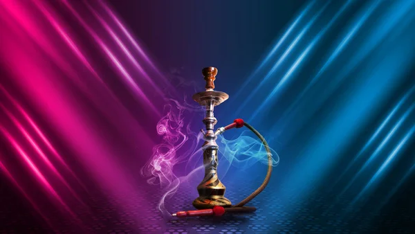 Hookah, smoke on a dark abstract background. Background of empty scenes with multicolored neon lights, reflection of night lights on wet pavement