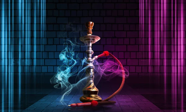 Hookah smoke on a dark abstract background. Background of empty scenes with multicolored neon lights, brick wall, reflection of night lights on wet asphalt — Stock Photo, Image