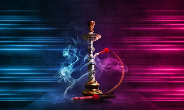 Hookah smoke on a dark abstract background. Background of empty scenes with multicolored neon lights, brick wall, reflection of night lights on wet asphalt