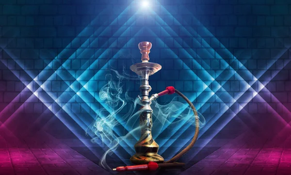 Hookah smoke on a dark abstract background. Background of empty scenes with multicolored neon lights, brick wall, reflection of night lights on wet asphalt