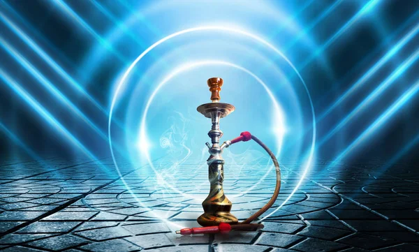 Hookah, smoke on a dark abstract background. Background of empty scenes with neon lights, the reflection of night lights on wet pavement