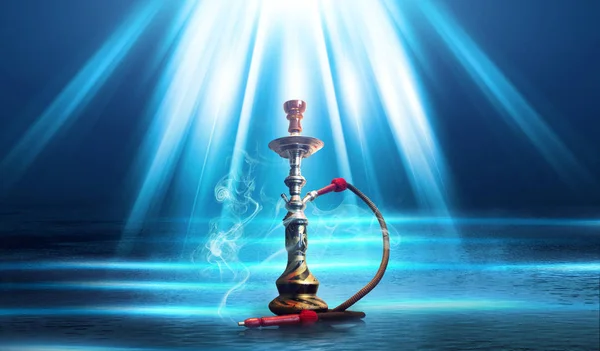 Hookah, smoke on a dark abstract background. Background of empty scenes with neon lights, the reflection of night lights on wet pavement — Stock Photo, Image