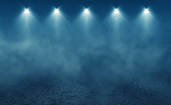 Boş arka plan sahnesi. Islä±k asfaltta koyu sokak yanrÄ±sÄ±. Karanlıkta mavi neon ışık ışınları, neon figürler, duman. Caddenin, şehrin gece manzarası. Soyut koyu arka plan.