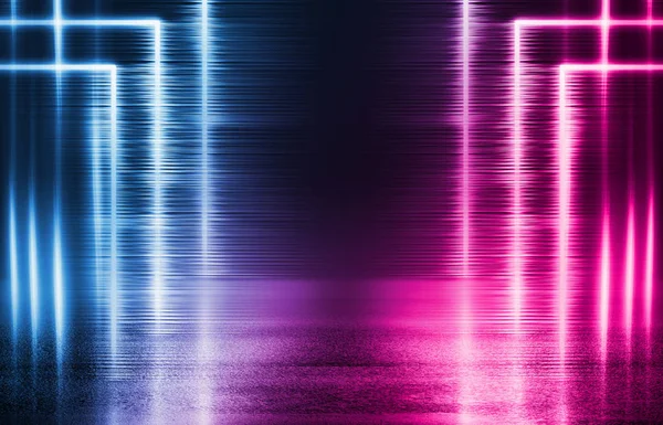 Empty background scene. Dark street, reflection of blue and pink neon light on wet pavement. Neon shapes. Rays of light in the dark, smoke. Abstract dark background. — Stock Photo, Image