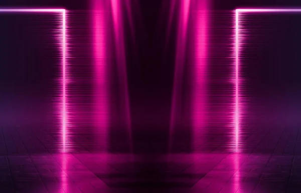 Leere Hintergrundszene. dunkle Straße, Reflexion von blauem und rosa Neonlicht auf nassem Pflaster. Neonformen. Lichtstrahlen im Dunkeln, Rauch. abstrakter dunkler Hintergrund. — Stockfoto