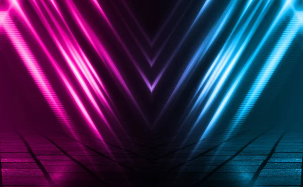 Empty background scene. Dark street, reflection of blue and pink neon light on wet pavement. Neon shapes. Rays of light in the dark, smoke. Abstract dark background.