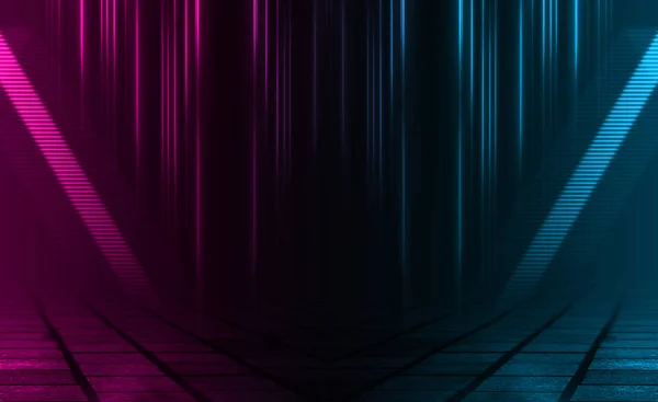 Cena de fundo vazia. Rua escura, reflexo de luz de néon azul e rosa no pavimento molhado. Formas de néon. Raios de luz no escuro, fumo. Fundo escuro abstrato . — Fotografia de Stock