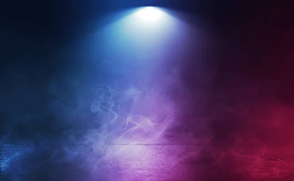 Empty background scene. Dark reflection of the street on the wet asphalt. Rays of neon light in the dark, clouds of smoke, fog. Night view of the street. Abstract dark background. — Stock Photo, Image