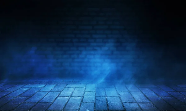 Empty scene background. Background of blurred old brick wall, neon spotlight, fog