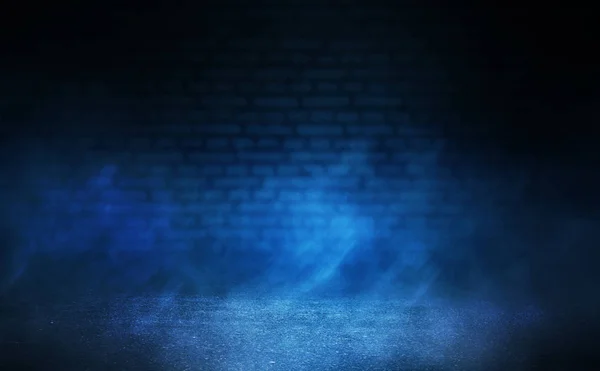 Empty scene background. Background of blurred old brick wall, neon spotlight, fog