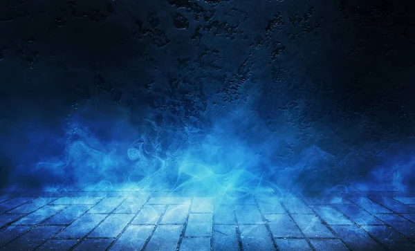Empty scene background. Background of blurred old brick wall, neon spotlight, fog