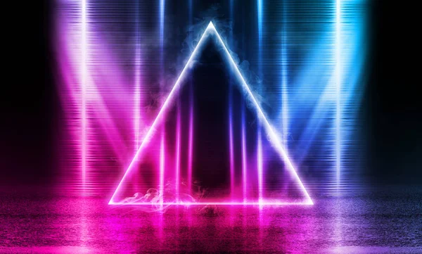 Empty background scene. Dark street, a reflection of blue and pink neon light on wet pavement. Neon triangle in the center. Rays of light in the dark, smoke. Abstract dark background.