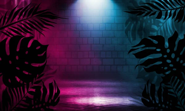 Fundo de cenas escuras vazias com luzes e formas de néon, fumaça. Silhuetas de folhas tropicais em primeiro plano — Fotografia de Stock