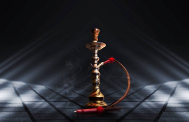 Nargile, karanlık soyut bir arka planda duman. Neon ışıkları ile boş sahnelerin arka plan, ıslak kaldırım üzerinde gece ışıkları yansıması