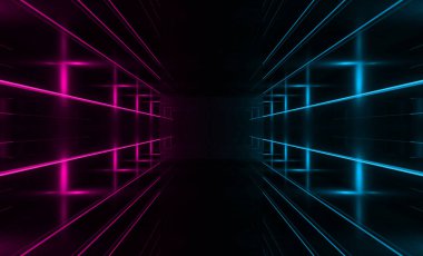 Karanlık soyut fütüristik arka plan. Neon çizgiler ve şekiller. Karanlık bir arka plan üzerinde Neon kızdırma ve ışınları