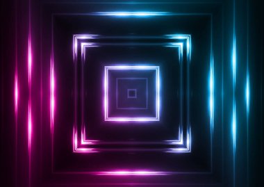 Karanlık soyut fütüristik arka plan. Neon çizgiler ve şekiller. Karanlık bir arka plan üzerinde Neon kızdırma ve ışınları