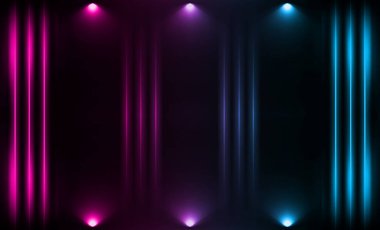 Karanlık soyut fütüristik arka plan. Neon çizgiler ve şekiller. Karanlık bir arka plan üzerinde Neon kızdırma ve ışınları