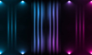 Karanlık soyut fütüristik arka plan. Neon çizgiler ve şekiller. Karanlık bir arka plan üzerinde Neon kızdırma ve ışınları