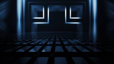 Boş arka plan sahnesi. Islak kaldırım üzerinde karanlık sokak yansıması. Karanlıkta ışıklar Neon ışık, Neon rakamlar, duman. Caddenin gece manzarası, şehir. Soyut karanlık arka plan.