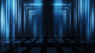 Boş arka plan sahnesi. Islak kaldırım üzerinde karanlık sokak yansıması. Karanlıkta ışıklar Neon ışık, Neon rakamlar, duman. Caddenin gece manzarası, şehir. Soyut karanlık arka plan.