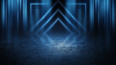 Boş arka plan sahnesi. Islak kaldırım üzerinde karanlık sokak yansıması. Karanlıkta ışıklar Neon ışık, Neon rakamlar, duman. Caddenin gece manzarası, şehir. Soyut karanlık arka plan.