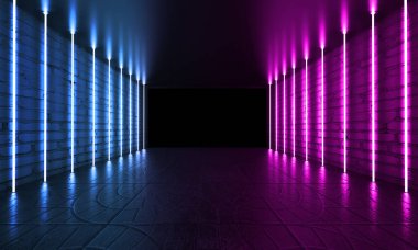 Boş arka plan sahnesi. Karanlık oda, karanlıkta Neon mavi ve pembe rakamlar, duman. Soyut karanlık arka plan.