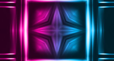 Karanlık soyut fütüristik arka plan. Neon hatları, parıltı. Neon hatları, şekiller. Pembe ve mavi parıltı