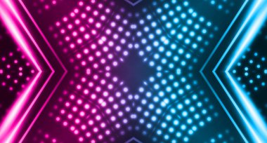 Karanlık soyut fütüristik arka plan. Neon hatları, parıltı. Neon hatları, şekiller. Pembe ve mavi parıltı