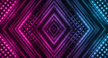Karanlık soyut fütüristik arka plan. Neon hatları, parıltı. Neon hatları, şekiller. Pembe ve mavi parıltı