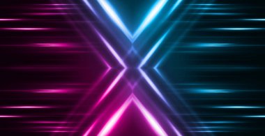 Karanlık soyut fütüristik arka plan. Neon hatları, parıltı. Neon hatları, şekiller. Pembe ve mavi parıltı