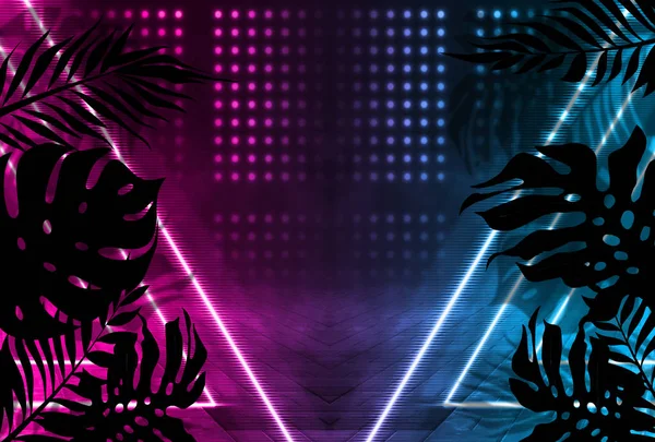 Background of empty dark scenes with neon lights and shapes, smoke. Silhouettes of tropical leaves in the foreground — Stock Photo, Image