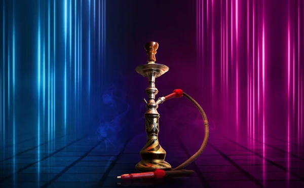 Hookah, smoke on a dark abstract background. Background of empty scenes with multicolored neon lights, reflection of night lights on wet pavement