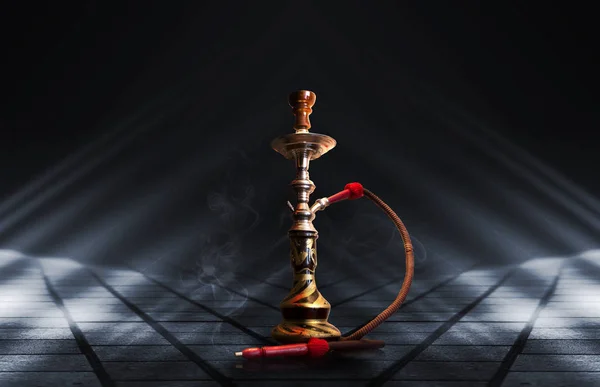 Hookah, humo sobre un fondo abstracto oscuro. Fondo de escenas vacías con luces de neón, reflejo de luces nocturnas sobre pavimento húmedo — Foto de Stock